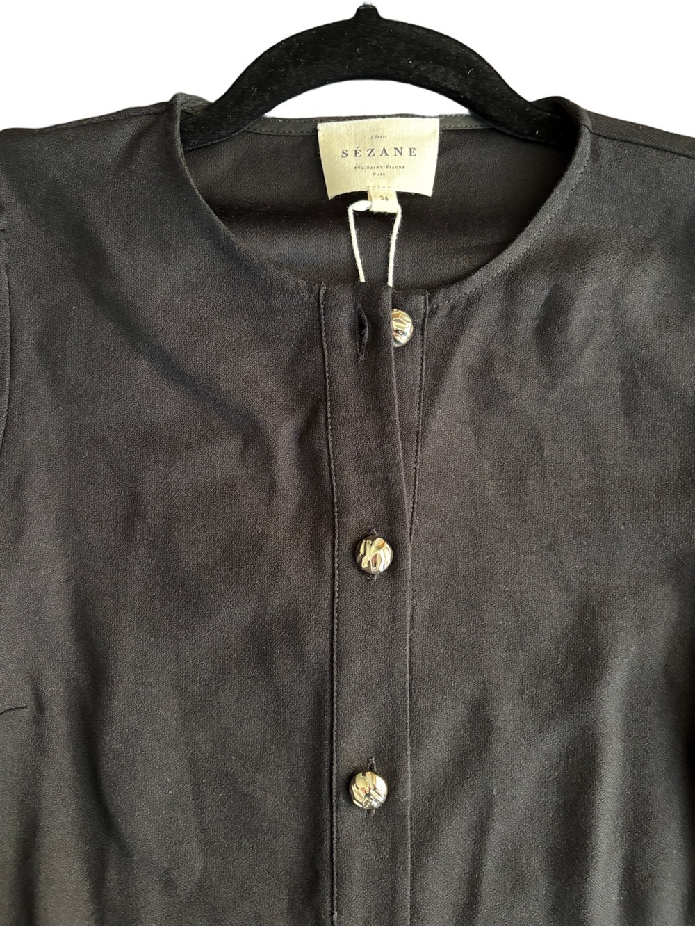 Sézane Chemise Romine Blouse Black Button Front Gold Buttons NWT FR 34 US 2 - Picture 4 of 9